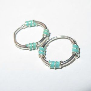 Sterling Silver Green Enamel Accents Hoops Huggies Earrings
